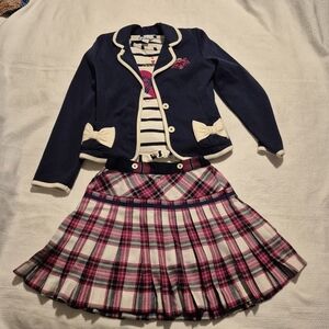 Hartstring girls 3 piece plaid skirt 7,  bow heart shirt 7 blue jacket 7/8 VGUC